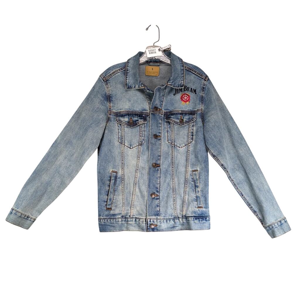 Jim Bean Blue Denim Trucker Jean Jacket Men's S Embroidered Distressed Pockets‎